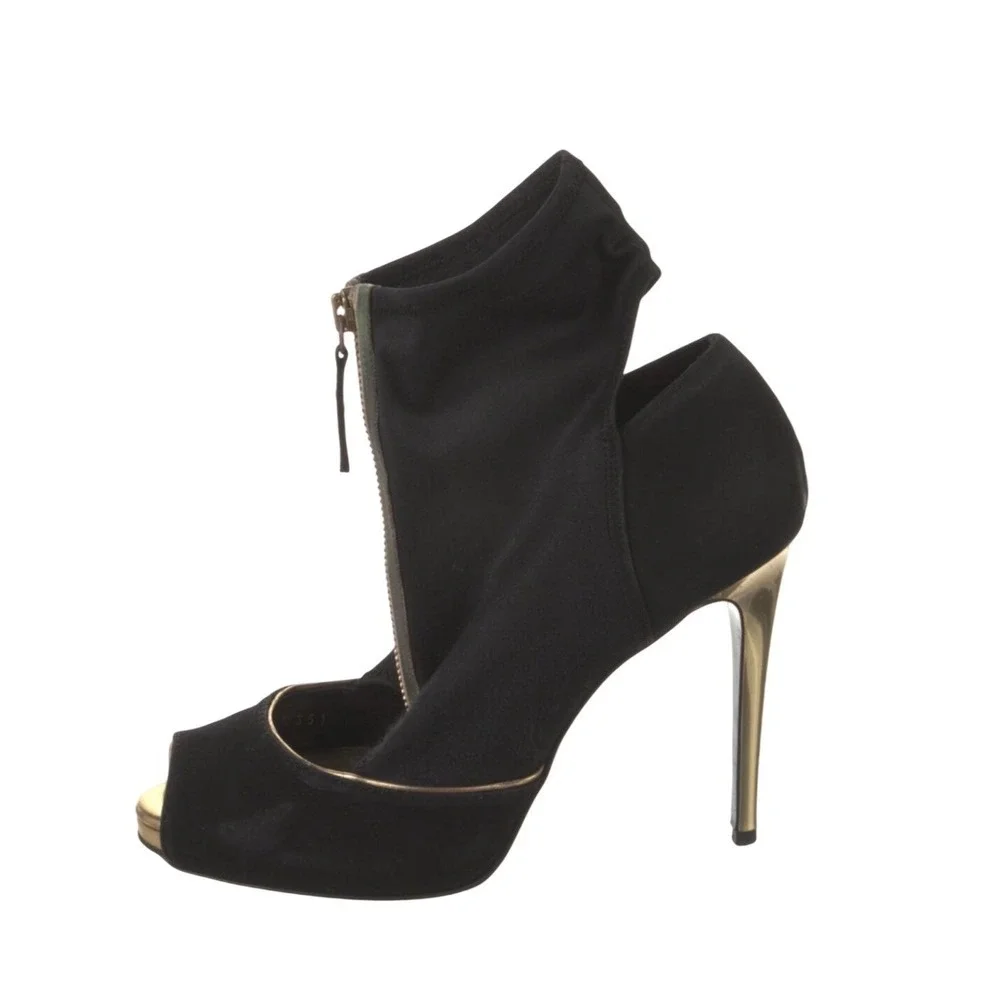 Stella McCartney Suede Pumps Black Peep Toe Stiletto Booties Gold‎ Heel size 7